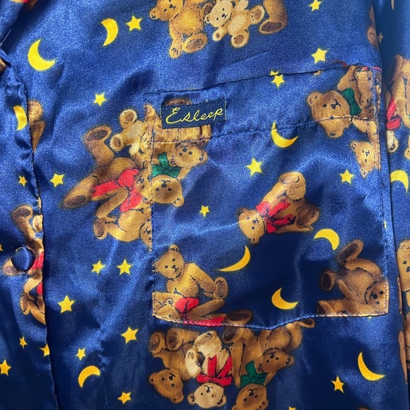 Vintage Women’s Esleep Large Navy Button Up Top With Teddy Bears Satin Sleepwear - Picture 2 of 11